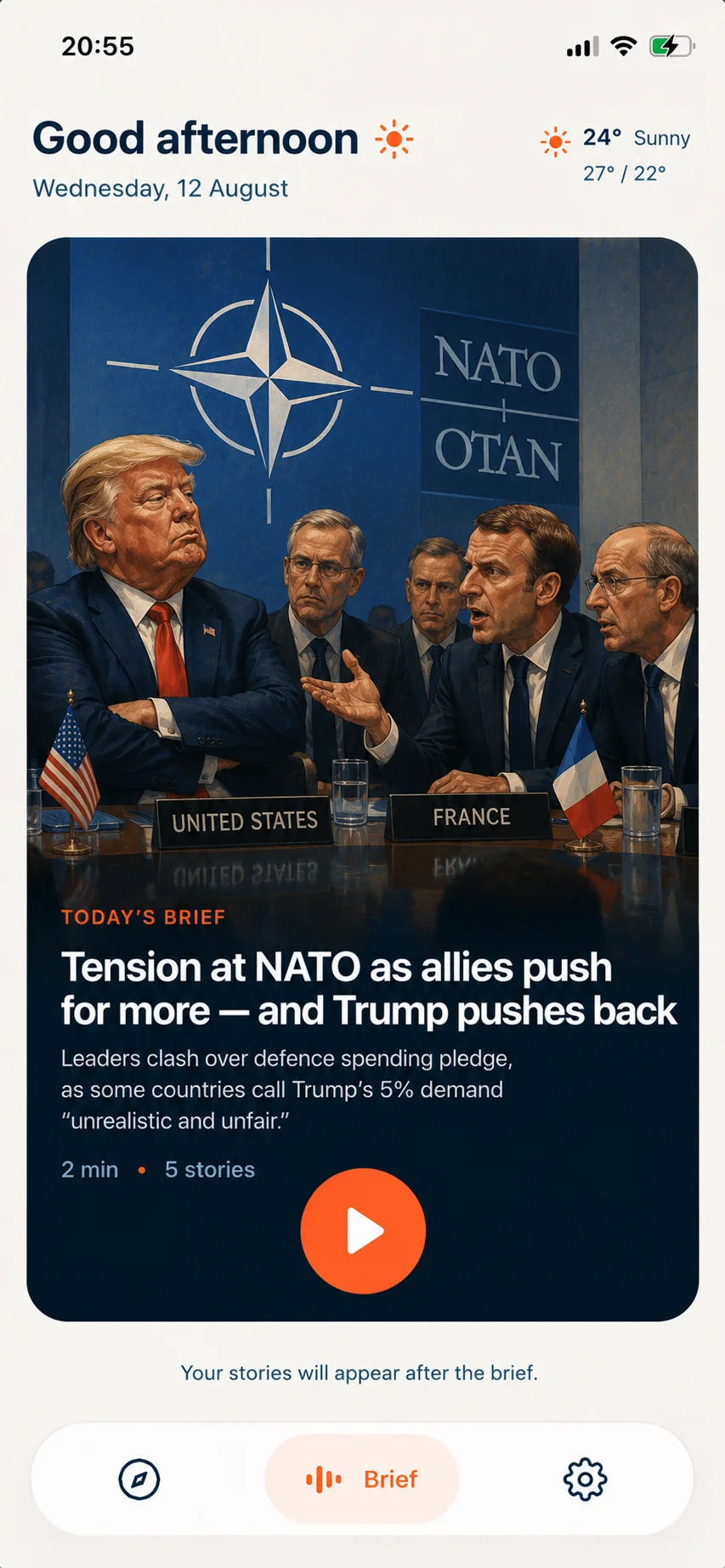 The Murmur app's Brief screen: an afternoon greeting and the date, a full-width illustrated cover for the day's lead story about tension at NATO, the brief's length and story count, and one large play button.